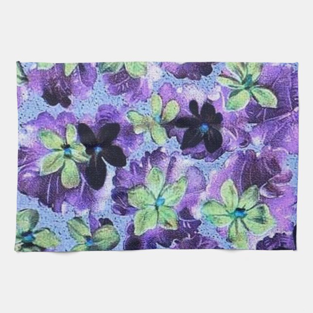 Retro Vintage Violets Green Purple Kitchen Towel (Horizontal)