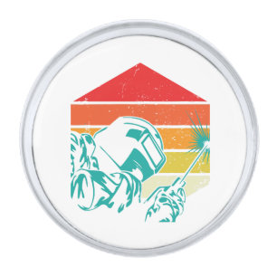 Retro Vintage Welding Helmet Silhouette Welder Gif Silver Finish Lapel Pin