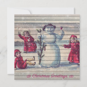 Retro   Vintage Winter Children Making Snowman Holiday Card