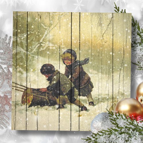 Retro  Vintage Winter Children Playing In Snow Holiday Card