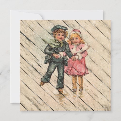 Retro  Vintage Winter Children Skate On Ice Holiday Card