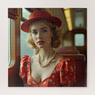 Retro vintage woman in train jigsaw puzzle