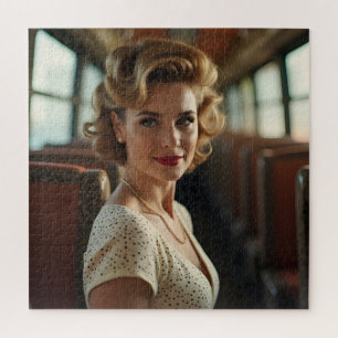 Retro vintage woman in train jigsaw puzzle