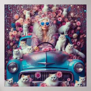 Retro vintage woman with white cats poster