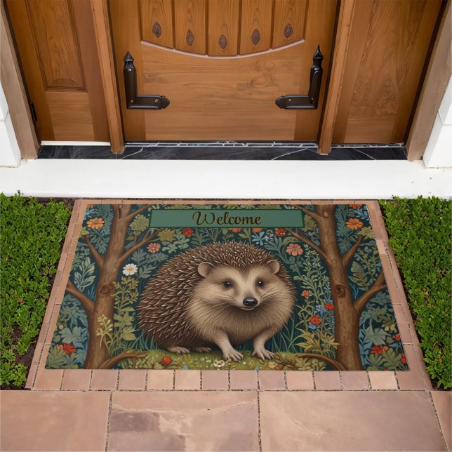 Retro vintage woodland hedgehog woodland botanical doormat (Outdoor)