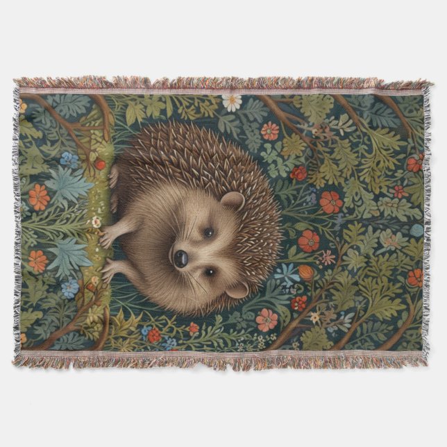 Retro vintage woodland hedgehog woodland botanical throw blanket (Front)
