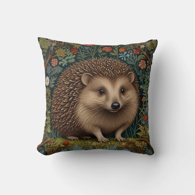 Retro vintage woodland hedgehog woodland botanical throw pillow (Front)