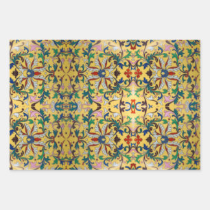 Retro Vintage Yellow Floral Minton Tile Botanical Wrapping Paper Sheets