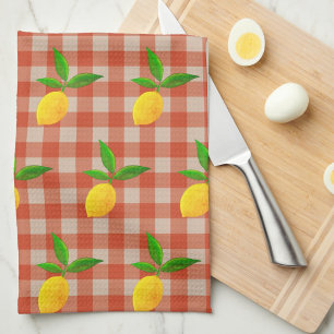 Retro Vintage Yellow Lemons on Red White Checks Kitchen Towel