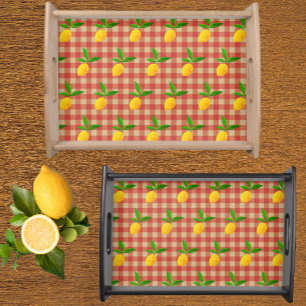 Retro Vintage Yellow Lemons on Red White Checks Serving Tray