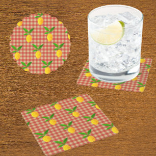 Retro Vintage Yellow Lemons on Red White Checks Square Paper Coaster