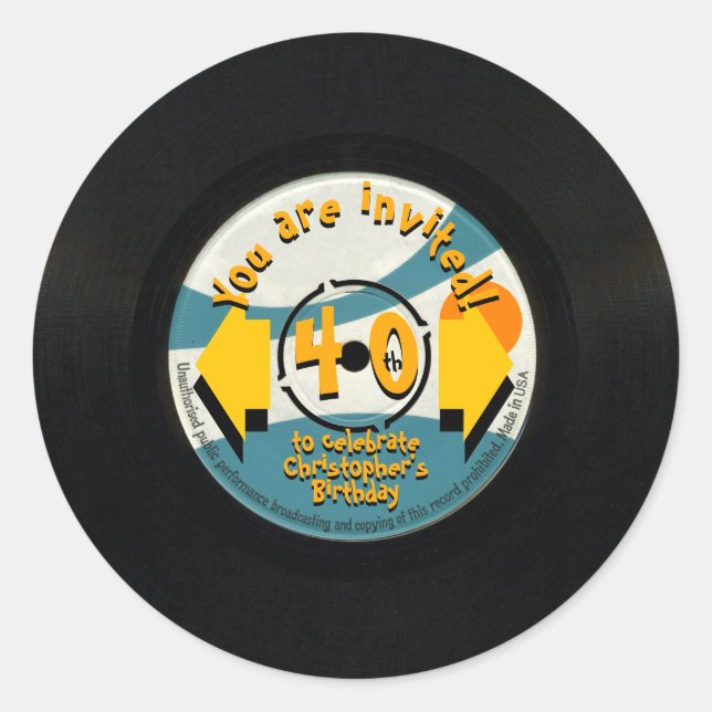 Retro Vinyl 40th Birthday Party R Sticker (Front)