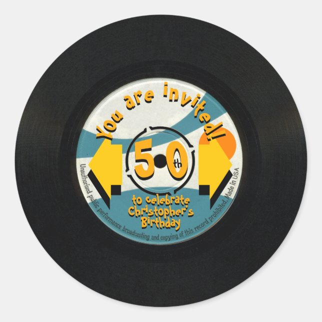 Retro Vinyl 50th Birthday Party R Sticker (Front)