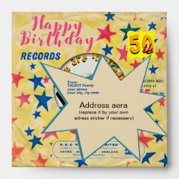 Retro Vinyl 50th Birthday Party Square E Envelope by ReneBui at Zazzle