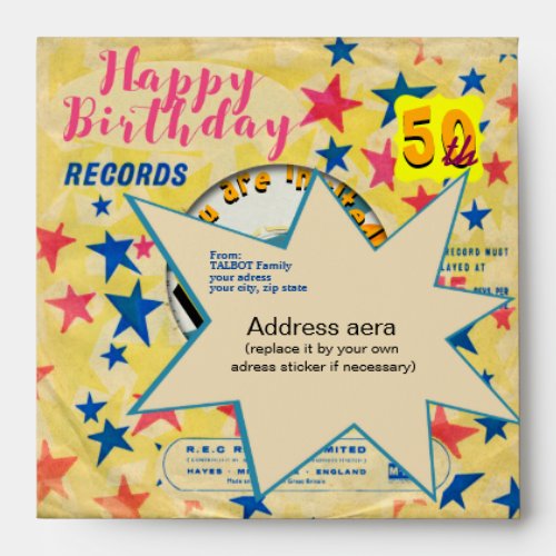Retro Vinyl 50th Birthday Party Square E Envelope