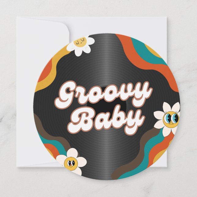 Retro vinyl record baby shower invitation (Front)