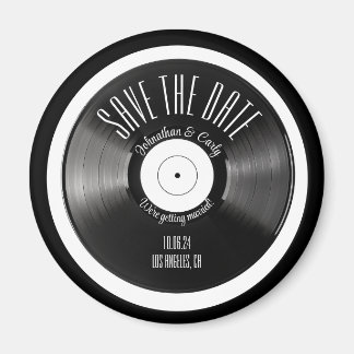 Retro vinyl record black save the date engagement magnet