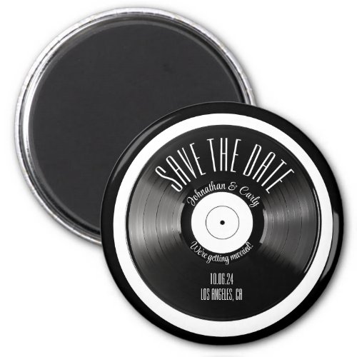Retro vinyl record black save the date engagement magnet