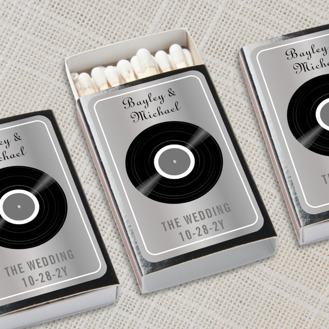 Retro Vinyl Record Black & Silver Custom Wedding Matchboxes (Personalized retro vinyl record matches for your wedding. )