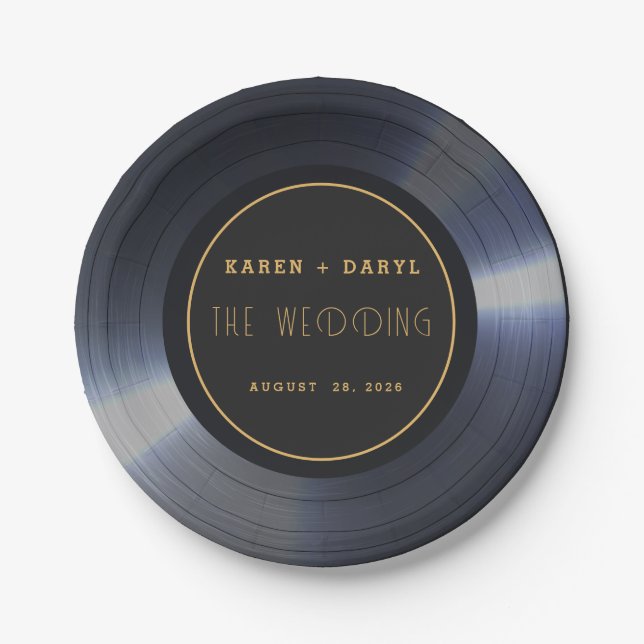 Retro Vinyl Record Black Wedding  Paper Plates (Front)