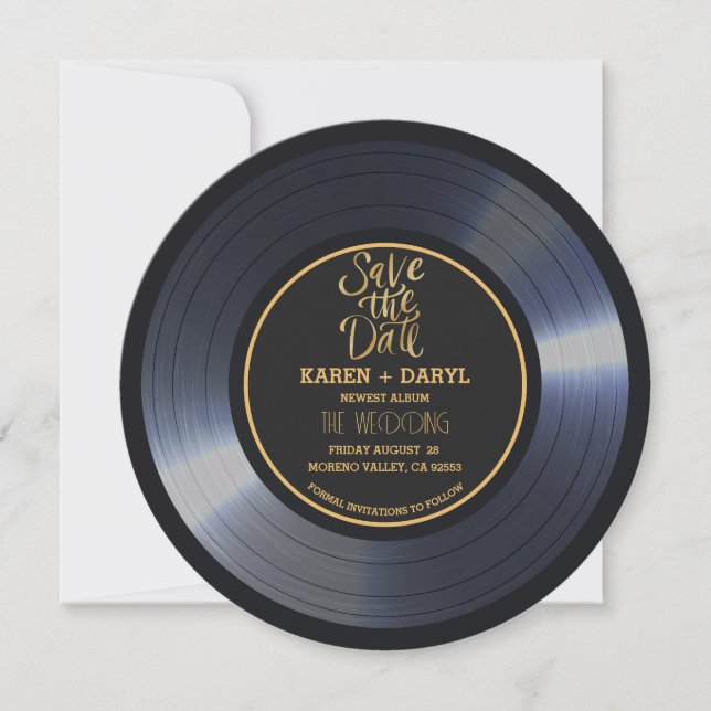 Retro Vinyl Record Black Wedding Save the Date Inv Invitation (Front)