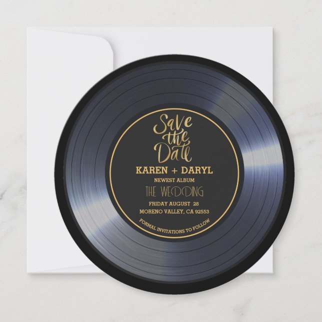 Retro Vinyl Record Black Wedding Save the Date Inv Invitation (Front)