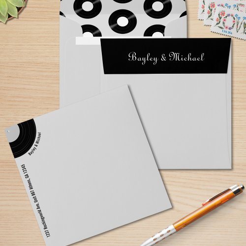 Retro Vinyl Record Custom Grey Square Wedding  Envelope