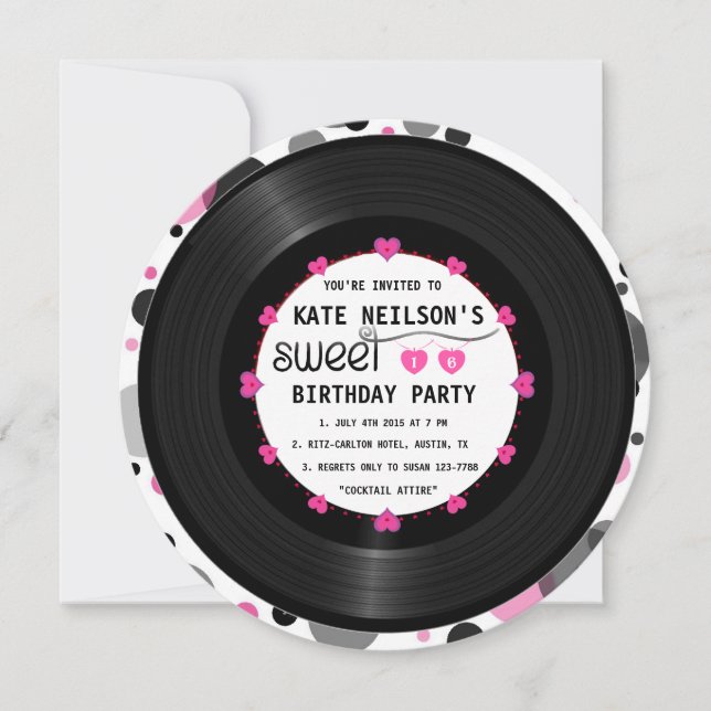 Retro Vinyl Record l Modern Chic Sweet 16 B'day Invitation (Front)