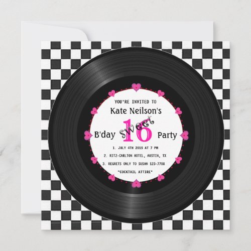Retro Vinyl Record l Modern Sweet 16 B'day Custom Invitations