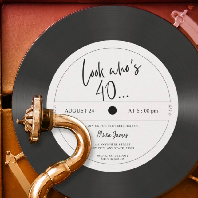Retro vinyl record look who’s 40, 40th birthday invitation (Creator Uploaded)