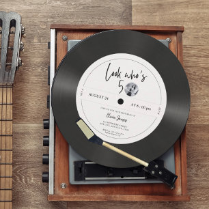 Retro vinyl record look who’s 50, 50th birthday in invitation