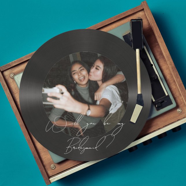 Retro vinyl record maid of honor proposal photo invitation (Creator Uploaded)