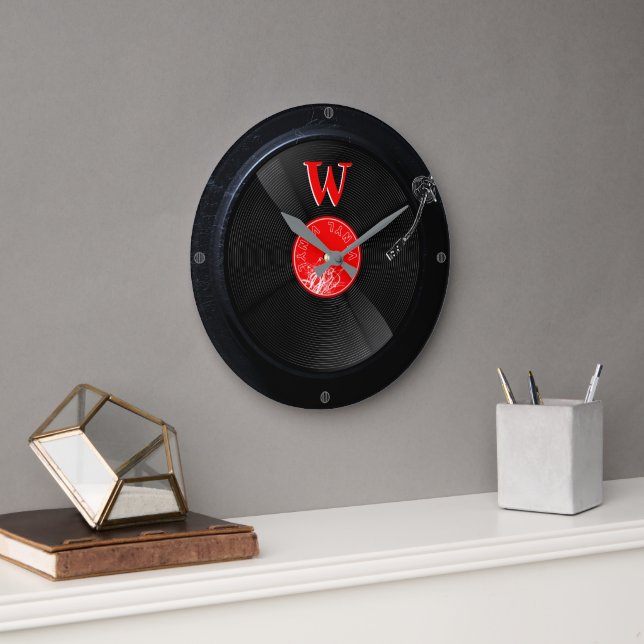Retro Vinyl Record Monogram Custom Wall Clock (Office)