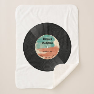 Retro Vinyl Record Music Baby Birth Record Stats Sherpa Blanket