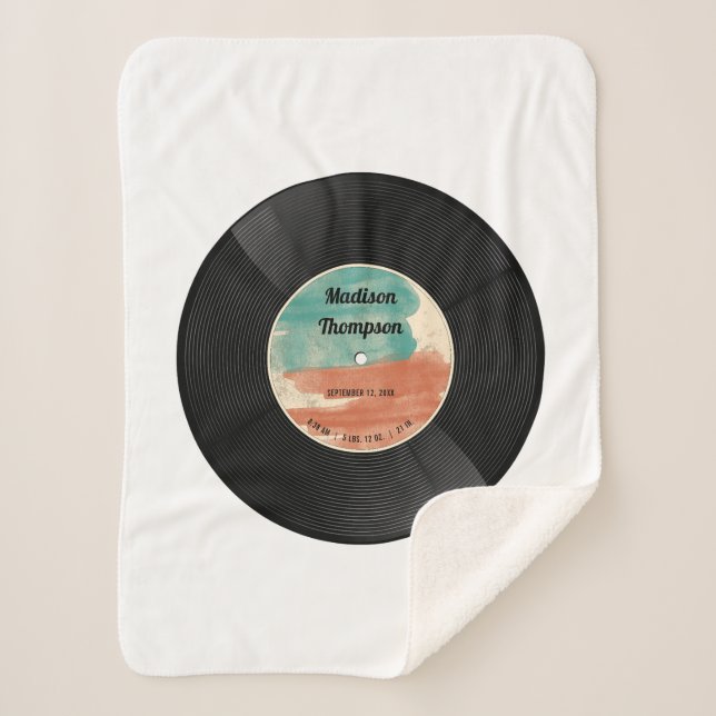 Retro Vinyl Record Music Baby Birth Record Stats Sherpa Blanket (Front)