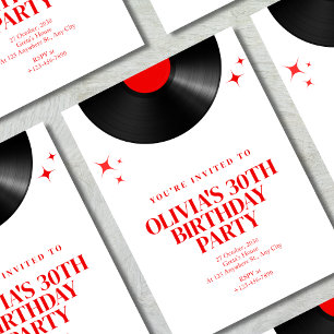 Retro Vinyl Record Music Birthday Bash in Red Invitation