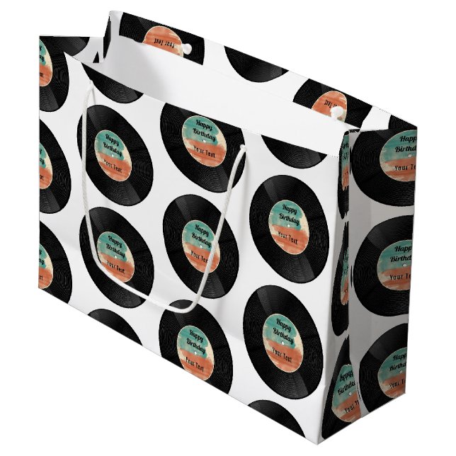 Retro Vinyl Record Music Birthday Party  Large Gift Bag (Front Angled)
