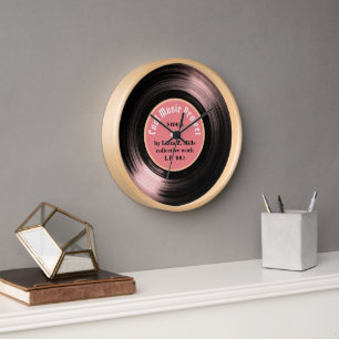 Retro Vinyl Record Music Hour Pink Clock