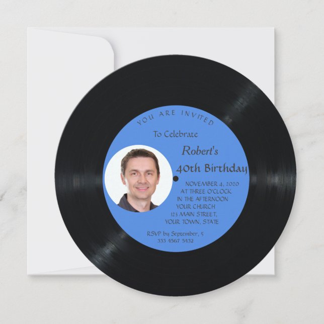 Retro Vinyl Record Music Man 40 Photo Birthday Invitation (Front)