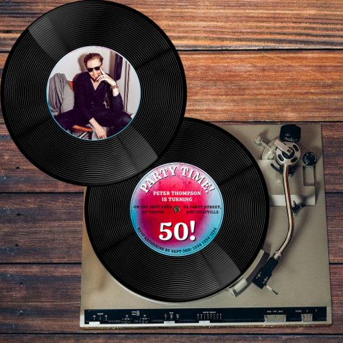 Retro Vinyl Record Music Milestone Birthday Photo Invitation