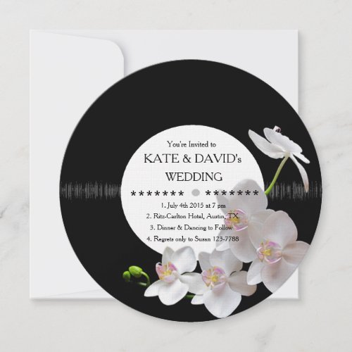 Retro Vinyl Record Orchids Modern Wedding Invites