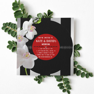 Retro Vinyl Record Orchids Modern Wedding Invites
