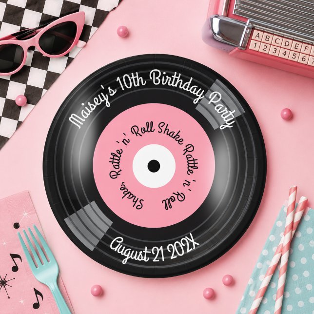Retro Vinyl Record Party Paper Plates (Pink retro vinyl album record paper plate)