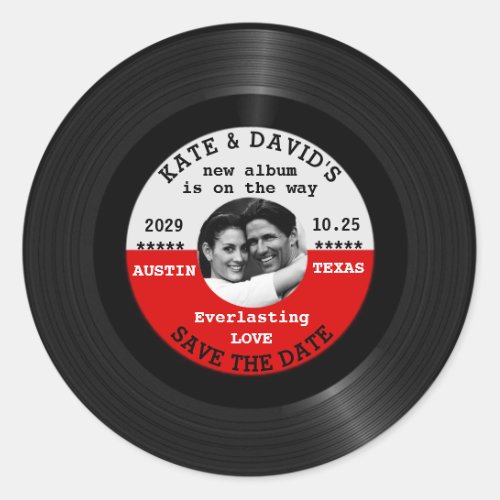 Retro Vinyl Record Photo Save The Date Template Classic Round Sticker