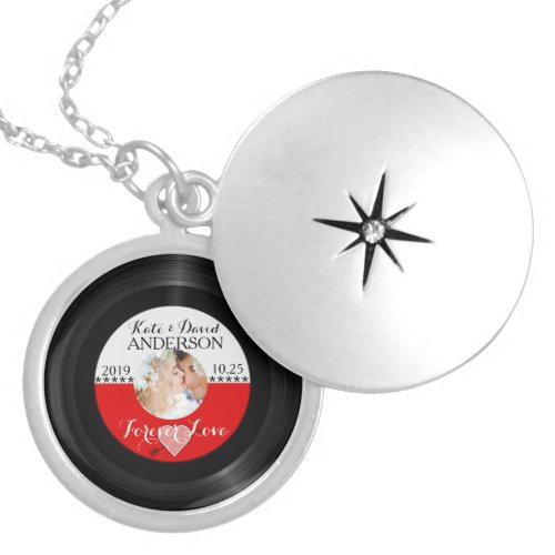 Retro Vinyl Record Photo Wedding Date Anniversary Silver Plated Necklace