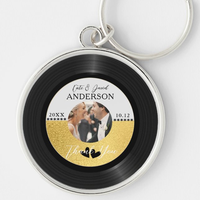 Retro Vinyl Record Photo Wedding Favor Thank You Keychain (Front)