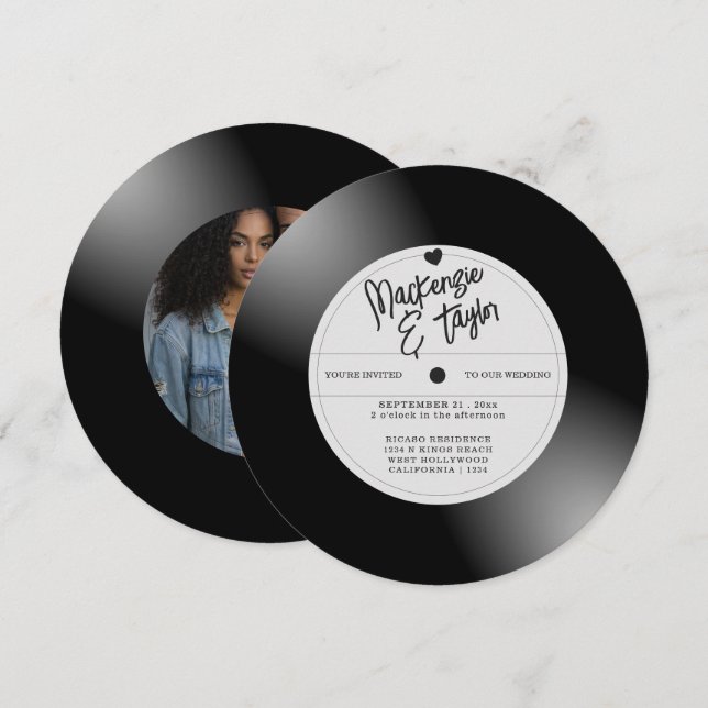 Retro Vinyl Record Photo Wedding Invitation (Front/Back)