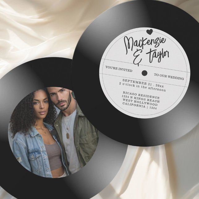 Retro Vinyl Record Photo Wedding Invitation (Retro Vinyl Record Photo Cover Wedding Invitation by Ricaso - Novelty music themed wedding invites)