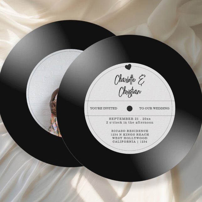 Retro Vinyl Record Photo Wedding Invitation (Retro Vinyl Record Photo Wedding Invitations from Ricaso. Fun novelty music themed invites)