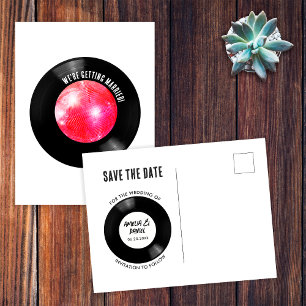 Retro Vinyl Record Pink Disco Ball Save the Date Postcard